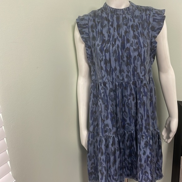 ANTHROPOLOGIE Leopard Chambray Printed Ruffle Dress XS - Picture 2 of 7